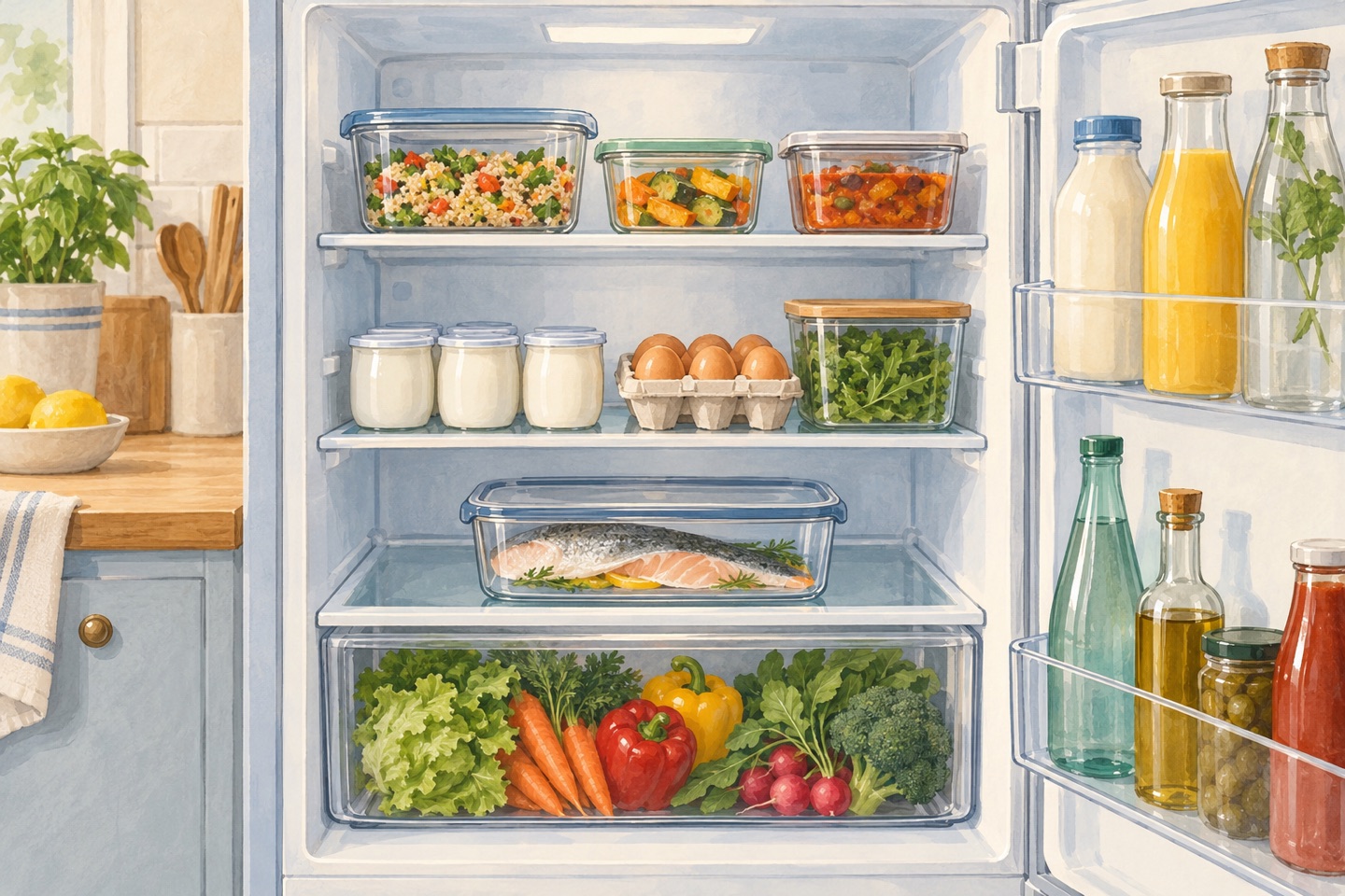 Ilustración de una nevera con comida preparada arriba, yogures y huevos en el centro, pescado envasado abajo y verduras en el cajón.