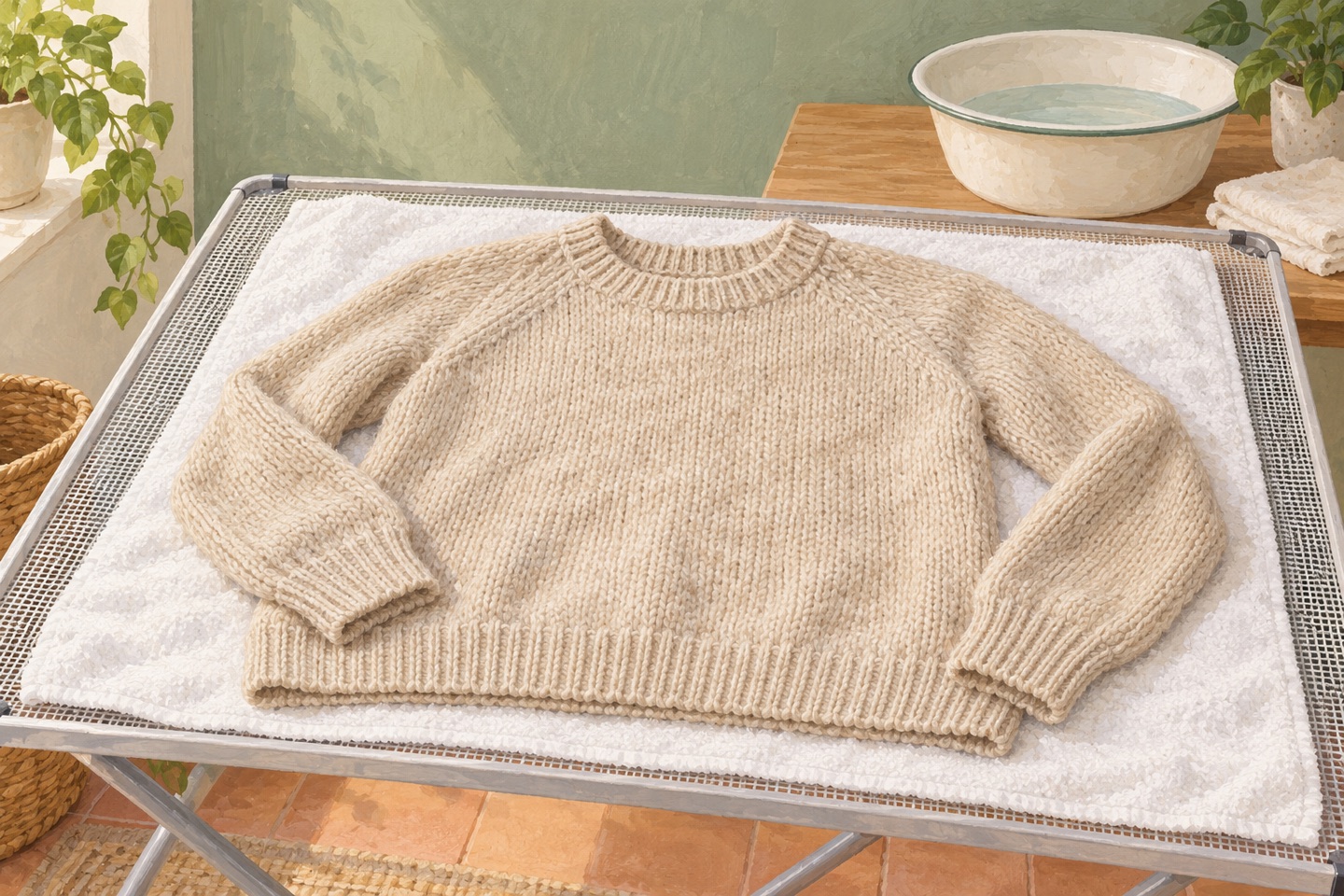 Ilustración de un jersey de lana beige extendido sobre una toalla blanca en una rejilla de secado.