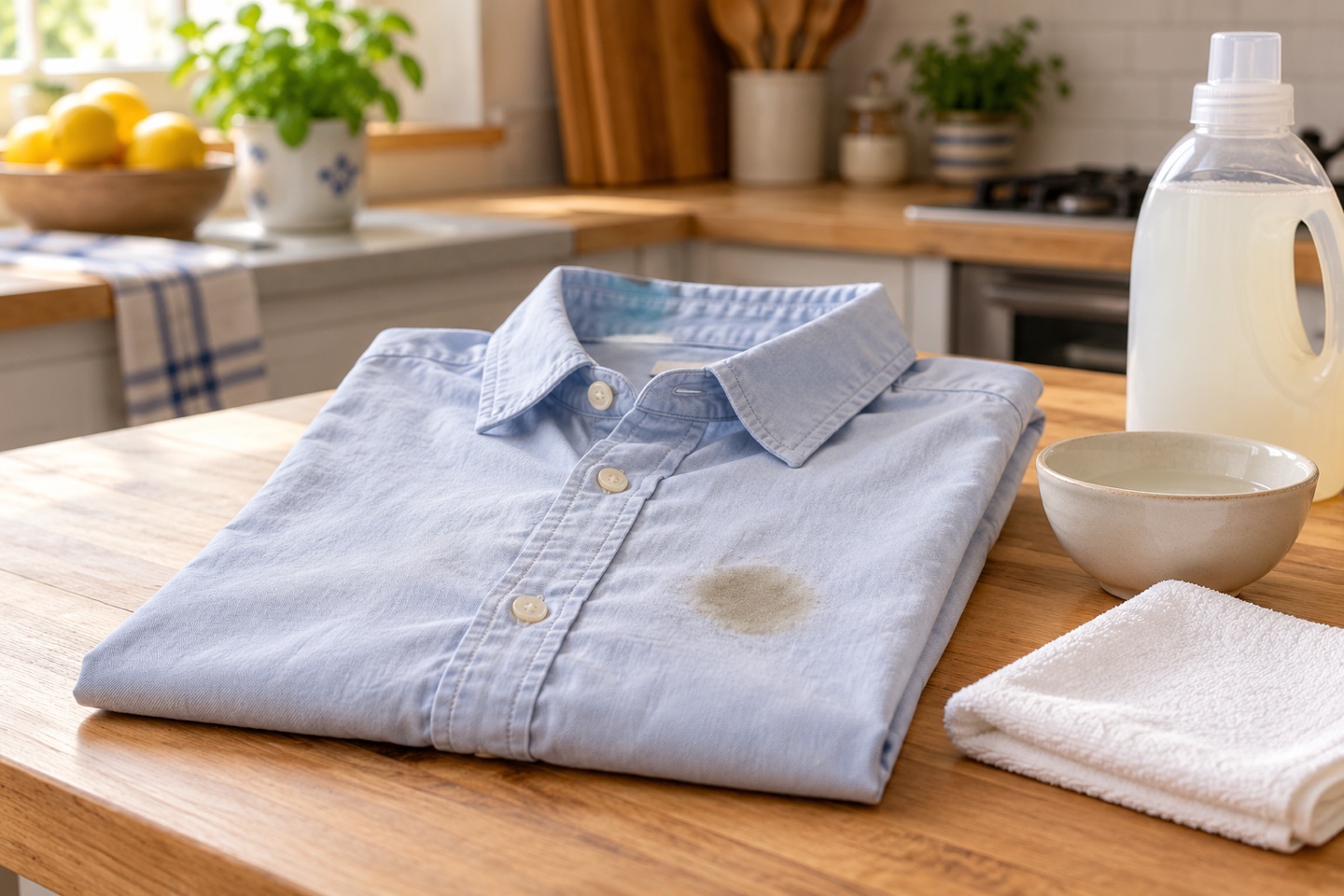 Camisa clara con una pequeña mancha de aceite sobre una mesa de cocina.